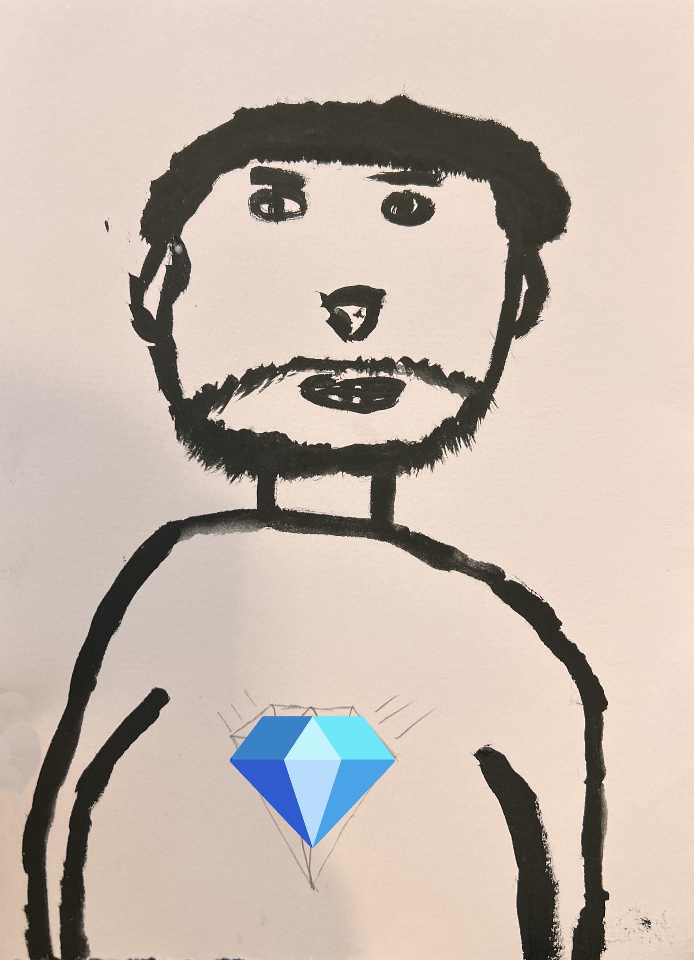 Ink portrait of a bearded figure with a bright blue gem drawn at the centre of the chest