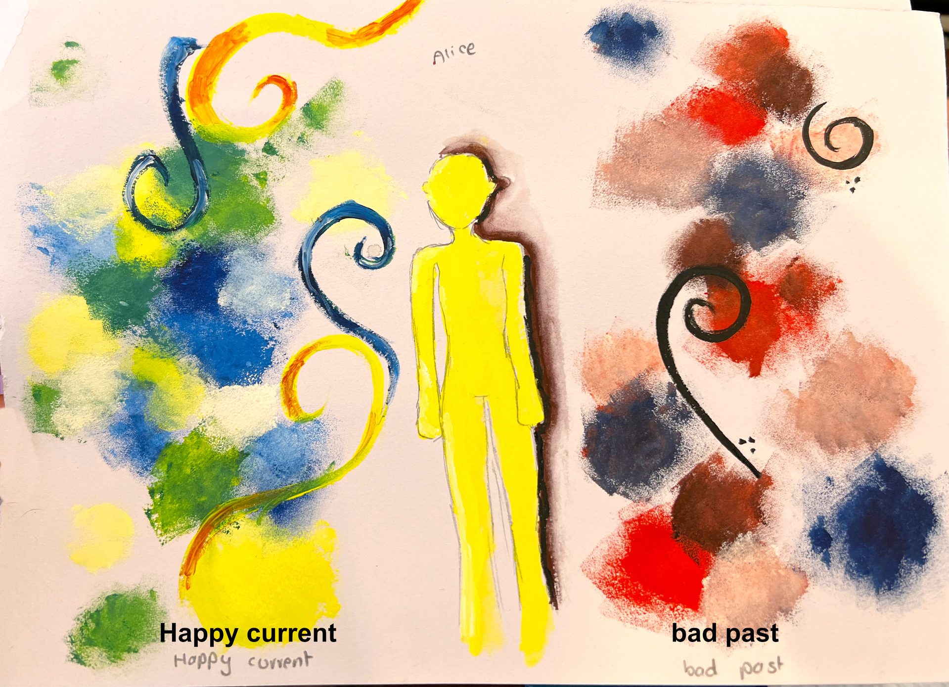 Painting of a yellow figure standing between bright blue and green on one side and dark red and brown on the other
